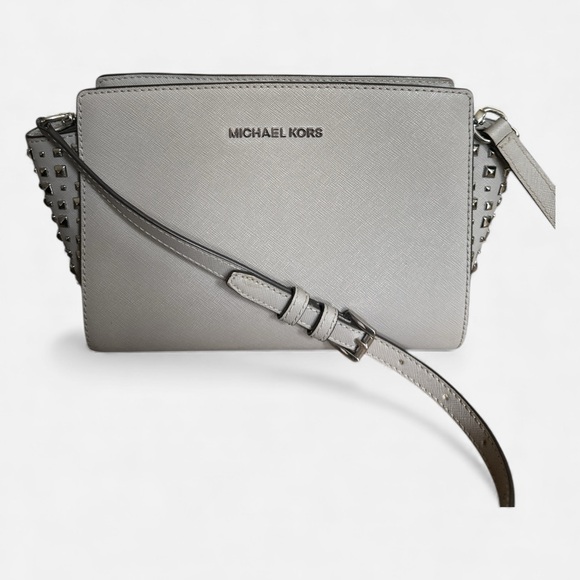 Michael Kors Silver Studded Saffiano Leather Crossbody | Chic & Edgy Glam - Picture 15 of 15